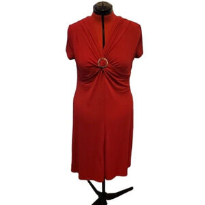 SL Fashions shorts sleeve v neck midi dress, center buckle detail,  size 16